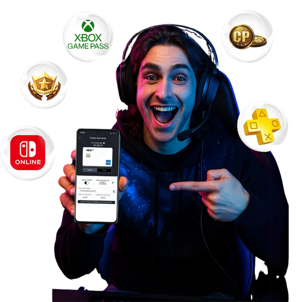 Hombre gamer con logos de videojuegos