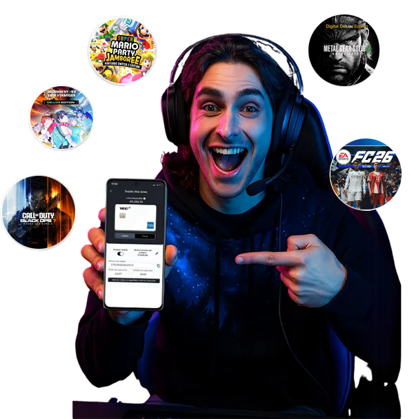 Chico gamer con logos de videojuegos